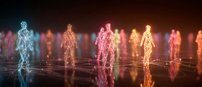 Against a dark backdrop, colorful glowing figures weave together through bright connections, creating a lively and warm cyberpunk-inspired social network scene