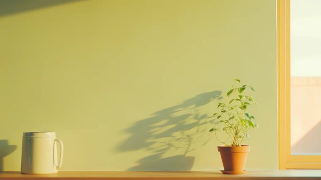 Minimalist interior featuring a potted plant and a reusable mug on a wooden shelf, creating a serene and organized atmosphere with natural light from a nearby window
