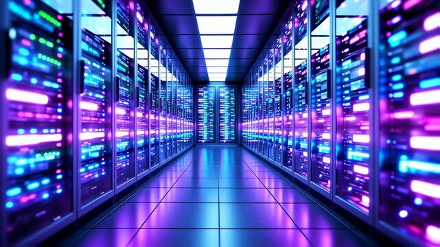 A perspective view of a server room, rows of illuminated servers and cool colors