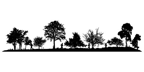 Running People Silhouettes in Nature Landscape. Black silhouettes of people running and jogging in natural landscape with trees. Outdoor fitness, healthy lifestyle and active sport concept. 