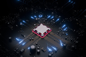 3D render of a glowing gold CPU on a black circuit board. Bright light radiates from the processor...