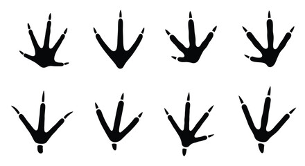 Bird footprints in a row dark shapes against white background silhouette