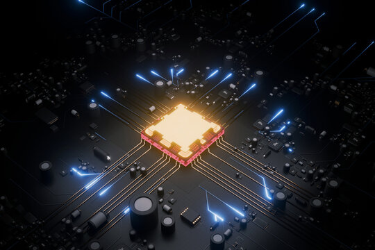 Futuristic 3D render of a glowing gold CPU processor on a black motherboard. Bright orange light radiates from central chip with blue neon data trails, representing quantum computing and high-tech.