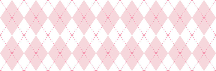 Obraz na płótnie Canvas Pastel pink heart argyle rhombus seamless pattern, diamond plaid cute valentine banner background