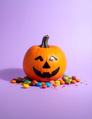 Winking Jack-o-Lantern with Colorful Candy on Purple Background.