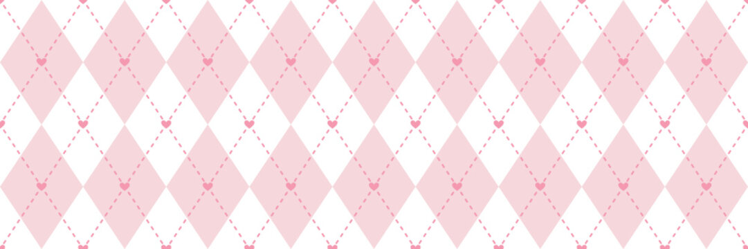 Pastel pink heart argyle rhombus seamless pattern, diamond plaid cute valentine banner background