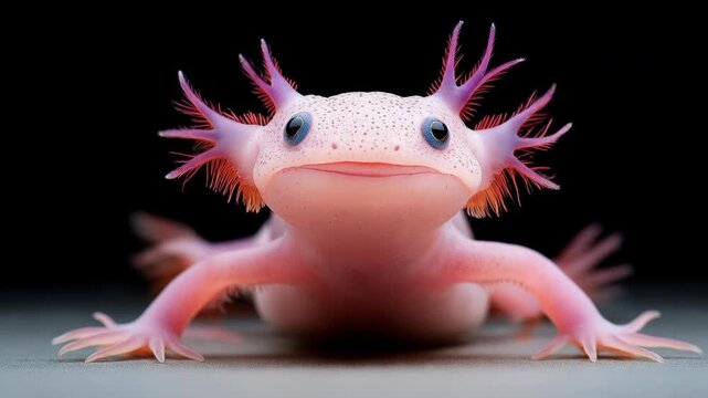 Pink axolotl close-up on black background slowly crawling forward then turning to side view