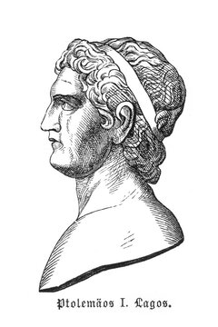 Ptolemy I Soter in profile with curly hair and royal diadem, showing Hellenistic ruler iconography and founder of Ptolemaic dynasty portraiture style, old vintage illustration, 1880