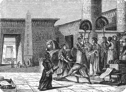 Ptolemy I Soter with attendants and servants in Alexandria palace setting, showing Hellenistic Egyptian court life and early Ptolemaic dynasty administration, old vintage illustration, 1880.