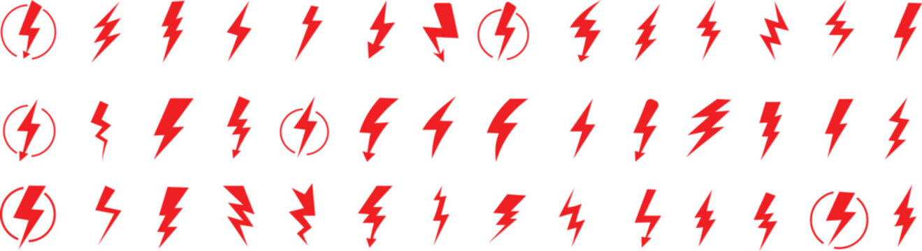 Lightning bolt vector icon set, black lightning icon designs on white background, Symbols of energy, power, electric storm, flash charge, ideal for web, print, logo design