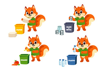 vector set of cute fox character sorting waste into recycling bins, paper, plastic, organic, glass and metal, trash, eco friendly education concept for kids