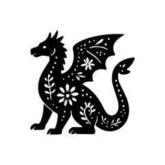 Fototapeta premium Solid Black Dragon Silhouette in Mexican Folk Art Design Element