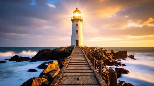 Iconic white lighthouse at sunset on rocky coastline with dramatic clouds and ocean waves