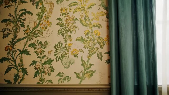 Wall with floral wallpaper, teal curtain and white sheer