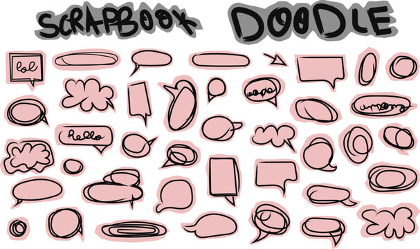 Funky y2k speech bubble scrapbook collection. Torn paper bubble shapes for dialogue, message and text. Comic colorful scrapbook collage speech bubbles. Hand drawn vector sketch balloon