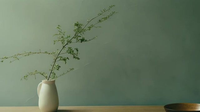 Green ceramic vase with a single plant branch on a light wooden table beside a wooden bowl, sunlight casting soft patterns on a calm green wall for serene home decor