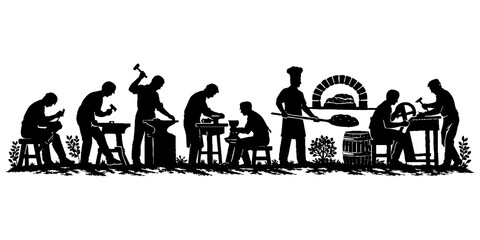 Traditional Craft Workshop Silhouette with Artisans at Work