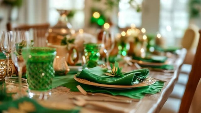 Festive saint patrick's day table setting with shamrocks and green decor