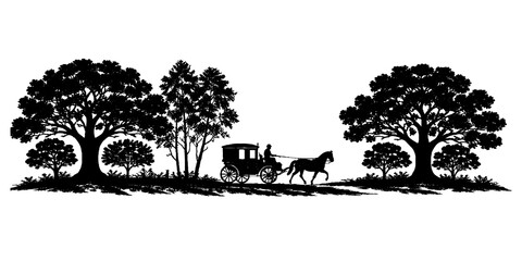 Horse Drawn Carriage Silhouette in Countryside Landscape