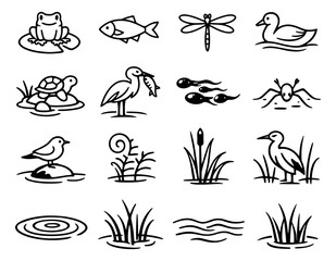 Fototapeta premium Hand drawn line art pond life set featuring frogs, fish, ducks, and aquatic plants for nature-themed designs