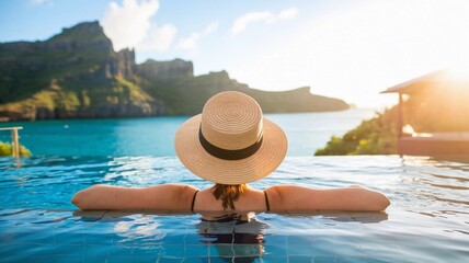 Naklejka na ściany i meble Cinematic back view of a woman in a straw hat relaxing in an infinity pool, overlooking a tropical mountain bay and turquoise ocean, luxury travel and summer vacation concept