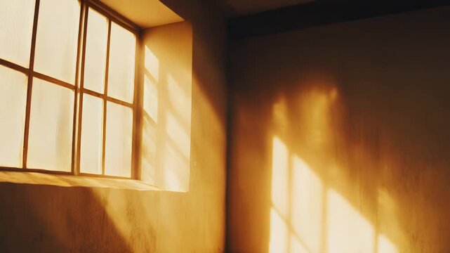 Warm sunlight streaming through a gridded window creates strong, abstract shadows across the textured wall and concrete floor of a quiet, minimalist room