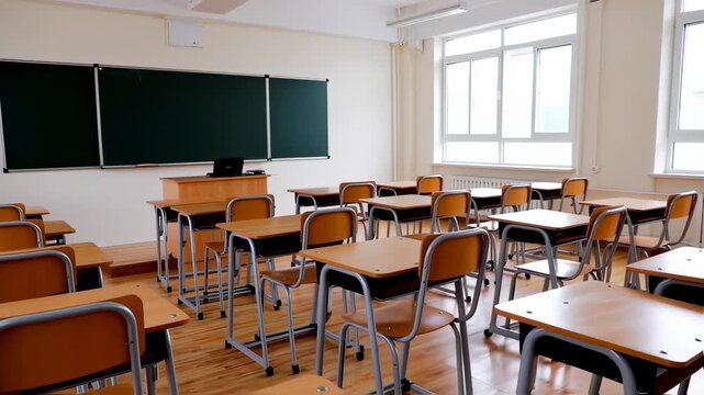 An empty classroom features rows of desks, a chalkboard, lectern, and bright natural light