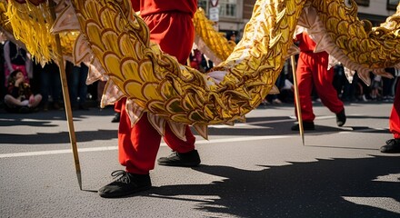 Vibrant golden dragon dance performance with traditional red costumes during a lively cultural parade, showcasing rich heritage and festive spirit