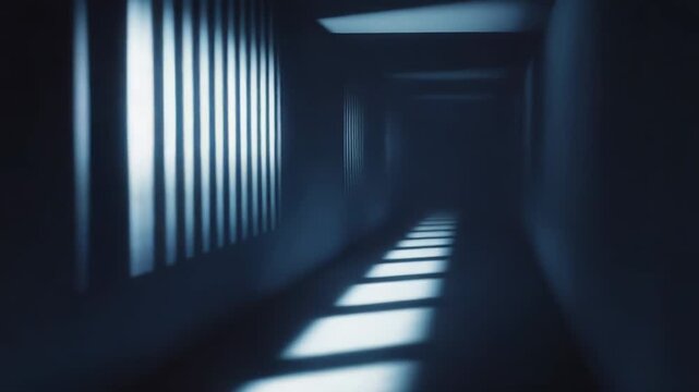 Dark hazy corridor with dramatic light beams slicing through mist, strong stripes and shadows suggesting mystery, confinement and a moody path toward an uncertain exit