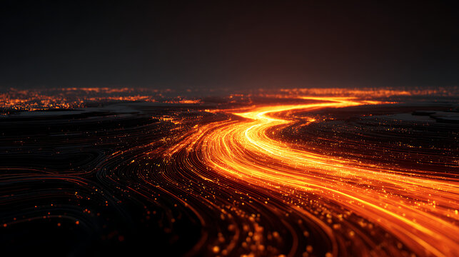 Intense Abstract Flow of Fiery Orange Light Trails Moving Through Dark Digital Landscape Representing Data Transfer and Connectivity, Ideal for Tech Concepts