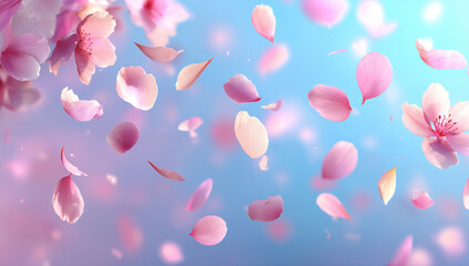 青空に舞い散る桜の花びら　幻想的な春の背景素材とボケ感のある桜吹雪