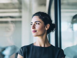 Fototapeta premium Confident Businesswoman Looking Out Window in Modern Office With Soft Light