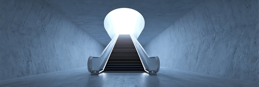 Minimalist escalator ascending towards a brilliant circular light in a stark concrete tunnel, symbolizing progress, ambition, and future opportunities.