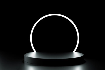 Futuristic black podium with glowing neon ring light. Minimalist 3D pedestal for premium product...