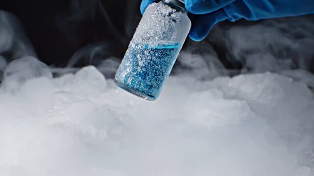 mRNA Vaccine Development concept. A hand holding a vial above ice with vapor rising around it.