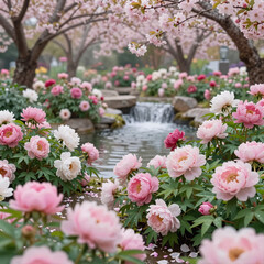 Fototapeta premium Dreamy pink garden landscape wallpaper with springtime blooms and Disney Princess in a floral dress