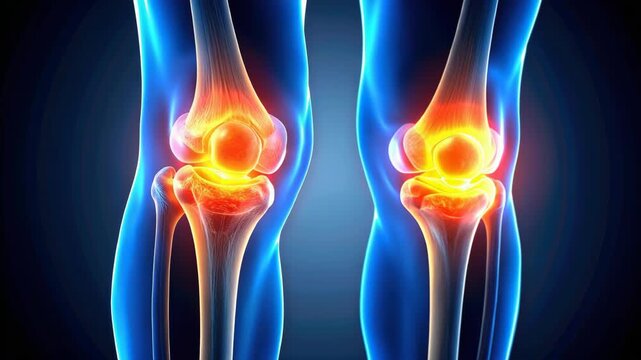 3D human knee joints with inflammation and pain highlighted in glowing red and yellow