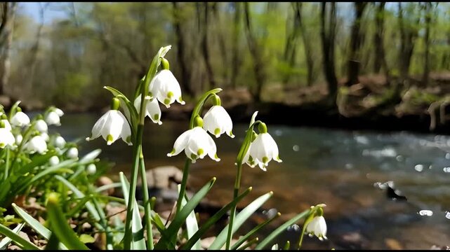 Spring Snowflake Flowers (Leucojum Vernum) Blooming on River Bank in European Forest &ndash; Early Spring Nature Video