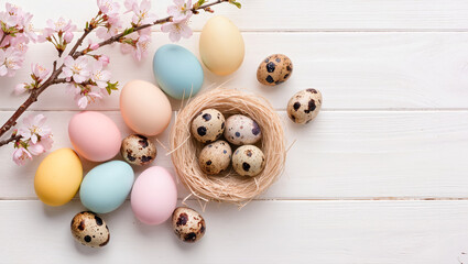Obraz premium Quail and pastel Easter eggs with cherry blossom branch on white wooden background. Natural spring holiday flat lay composition.
