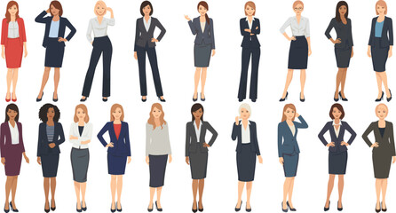 Obraz premium Professional Businesswoman Vector Illustration Collection Featuring Diverse Female Office Characters in Corporate Outfits for HR Design, Presentations, Marketing, and Workplace Graphics