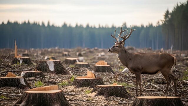 Majestic deer standing among tree stumps in a clear-cut forest at dusk, highlighting environmental impact and habitat loss
