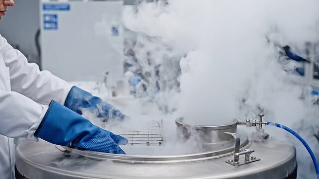 mRNA Vaccine Development concept. Laboratory technician handling a container near a cryogenic storage unit.