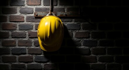 Dramatic Spotlight on a Bright Yellow Hard Hat Hanging on a Rusty Hook Against a Dark Brick Wall, Symbolizing Construction Safety, Industrial Work, and Essential Protection