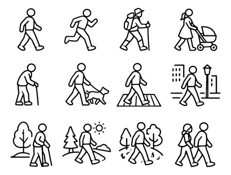 Hand drawn people walking icons set featuring various individuals and activities for health, lifestyle, and recreation designs