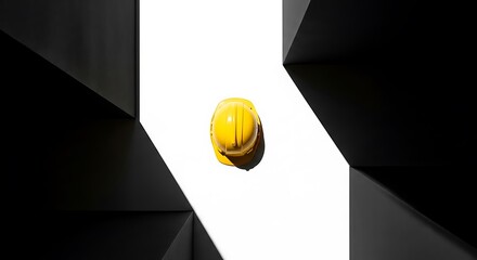 A bright yellow hard hat, symbolizing safety and progress, framed by dark geometric forms on white for a powerful, high-contrast industrial visual.