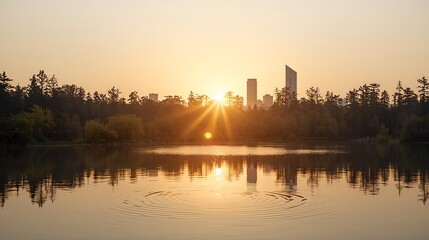 Fototapeta premium A stunning sunrise over a calm lake with the silhouette of a city in the background. The sunlight creates a beautiful reflection in the water. 