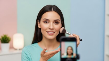 Beauty tutorial in session: A young woman, radiating confidence and expertise, presents a makeup tutorial.