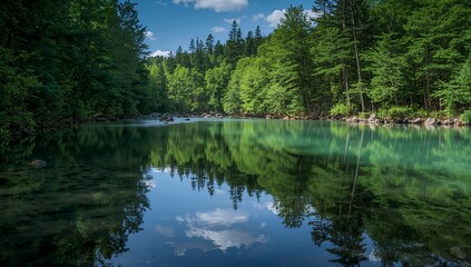A picturesque river flowing through a lush forest, with stunning reflections on the water