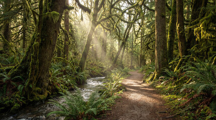 Obraz premium Tranquil forest path with sunlight filtering through trees casting shadows over trail. Scenic forest setting includes lush greenery, flowing stream, and soft earth beneath feet.