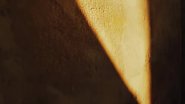 Warm sunlight illuminates a portion of a rugged, ochre colored wall, casting a sharp, angled shadow that divides the textured surface into distinct bright and dark areas, suggesting time passing